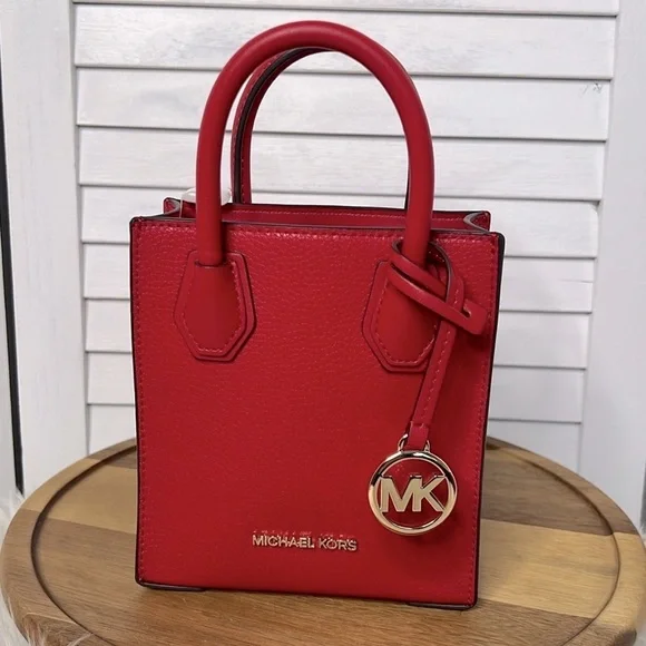 MICHAEL KORS Mercer Extra Small Mini Pebble Leather Crossbody Flame Red NWT